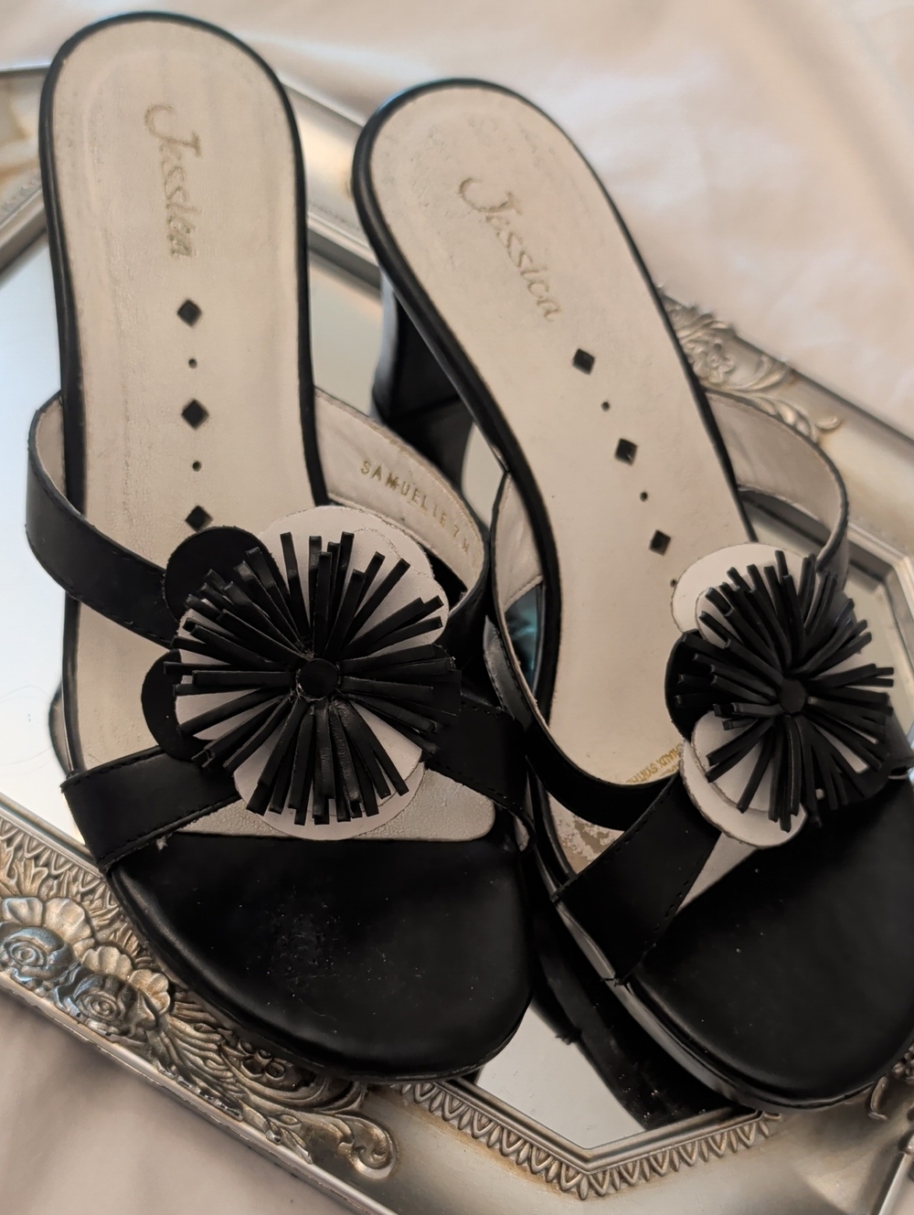 Jessica Black Slide Sandals with Decorative Flower